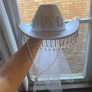 White Bridal Cowboy Hat with Beaded Fringe